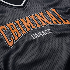 Criminal Damage Stadium Leather V Neck Top - Navy/Orange