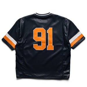 Criminal Damage Stadium Leather V Neck Top - Navy/Orange