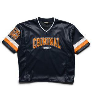 Criminal Damage Stadium Leather V Neck Top - Navy/Orange