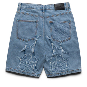 Revenge Spider Web Denim Shorts - Bleached Indigo