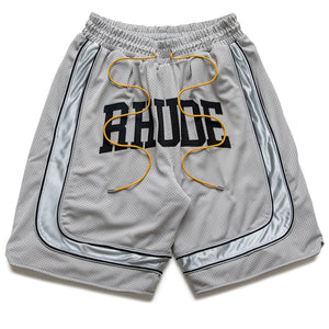 Rhude Baggy Mesh Collegiate Logo Shorts - Grey/Silver