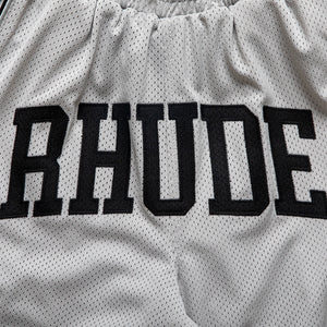 Rhude Baggy Mesh Collegiate Logo Shorts - Grey/Silver